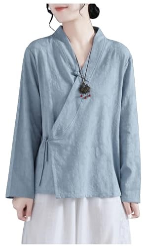 DAYKET Blusas de Manga Larga para Mujer, Traje Tradicional Chino Tang, Camisa Holgada Hanfu, Ropa de té Zen, Blusas Elegantes,Blue-M