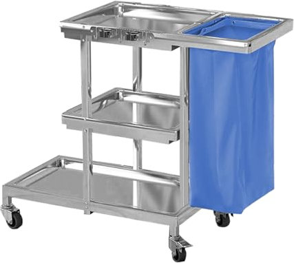 TRGCJGH Hausmeisterwagen Reinigungswagen 3 Ebenen Große Kapazität Housekeeping Caddy Edelstahl Putzwagen 65 L Müllsack(L,Blue)