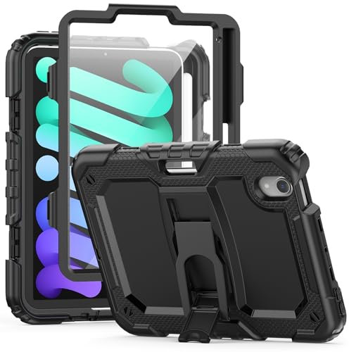 SEYMCY Case for iPad Mini 7th/6th 8.3 inch 2024/2021 A17 pro, Full-body Shockproof Case with Folding Stand, Screen Protector, Pencil Holder(A2993 A2995 A2996 A2567 A2568 A2569), Black