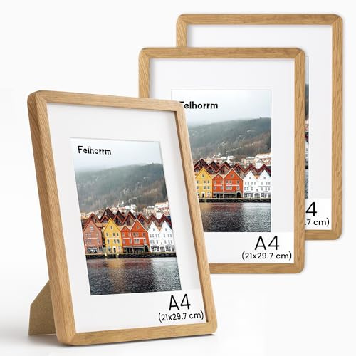 Feihorrm Massivholz Bilderrahmen, A4 Eiche Bilderrahmen, Mit gehärtetem Glas, Für 21x29,7 cm-Fotos ohne Passepartout oder 13,9x20 cm-Fotos mit Passepartout (Beige, A4 (21x29,7 cm)/ 3x)