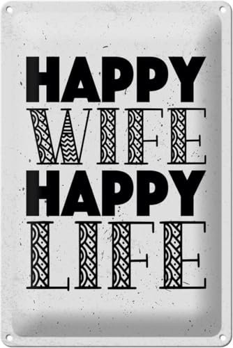 DekoDrom® Blechschild 20x30 cm Happy Wife Happy Life - Spruch Wand Deko Bar Kneipe Cafe Sammler Geschenk