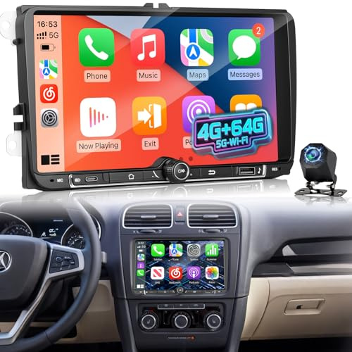 4+64G Autoradio Android pour Volkswagen Golf Passat Jetta Tiguan Polo Touran Seat Skoda, CarPlay Android Auto sans Fil, Écran Tactile Display, DSP, GPS, WiFi, Caméra de Recul, Plug & Play Radio