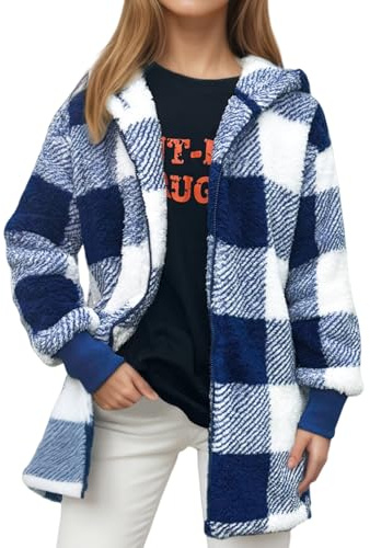 Ranphee Sweat a Capuche Femme Kaki Carreaux Polaire Chaud Zippé Longue Oversize Manteaux D'hiver Sherpa Veste Vetement