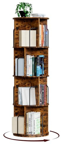 Oak & Tea 4-stöckiges drehbares Bücherregal aus Holz, 360° drehbar & platzsparend | Multifunktionales Bücherregal mit Rundum-Zugang für Arbeitszimmer, Büro, Wohnzimmer & Schlafzimmer | Braun