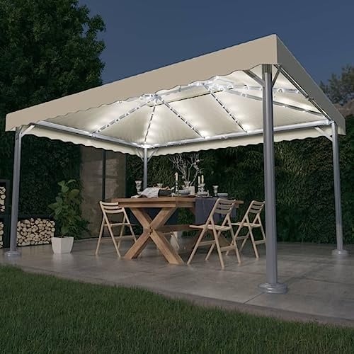 Pavillon mit LED-Lichterkette, 400x300 cm Cremeweiß, Aluminium-Stahl-Konstruktion, Sonnenschutz für Garten & Terrasse