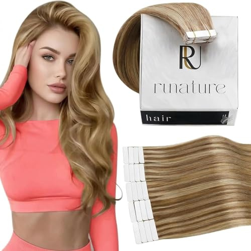 RUNATURE Invisible Tape Extensions Echthaar Braun Blond 35cm 20pcs 50g | #10P16 Unsichtbare Remy Tapes – Hitzebeständig, Wiederverwendbar. Warme Braun-Blond-Melange, Kein Haarausfall