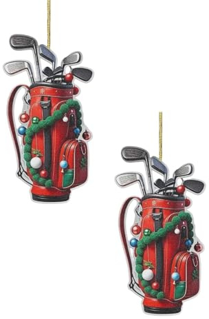 Golf Weihnachtsanhänger Set 2 Stück, Rote Dekorative Weihnachtsbaum Kugeln mit Golfschlägern, 8 cm Baumdekoration für Auto & Christbaum