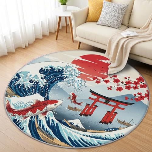 AevuCub Japanische Welle Teppich Rund 120cm Kurzflor - Waschbare Teppiche Wohnzimmer Japanischer Stil Koi Fisch - Runder Teppich 120 Durchmesser Kinderzimmer - Bettvorleger rutschfest Weich