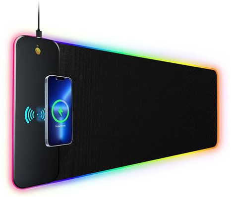 Donboly RGB Gaming Mauspad XXL mit 15W Qi Wireless Charging – 800x300mm, wasserdicht, rutschfest, mehrfarbige LED-Beleuchtung für Gaming und Homeoffice (Schwarz)