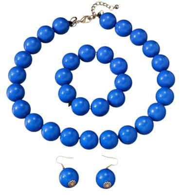 meberg Karma NH11265798 Xl Statement Schmuckset Ohrringe, Armband & Kette Bunt Perlen Acryl Damen Halskette 50 cm moderner Schmuck Damenschmuckset Kette Geschenk für Sie Sommerschmuck (Blau)