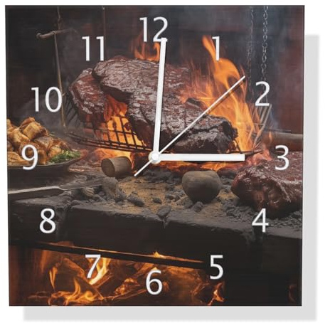 Wallario Design Wanduhr Urige Grillkunst: Steakschmiede aus Aluverbund, Alu-Uhr Größe 30 x 30 cm, weiße Zeiger mit Metalloptik