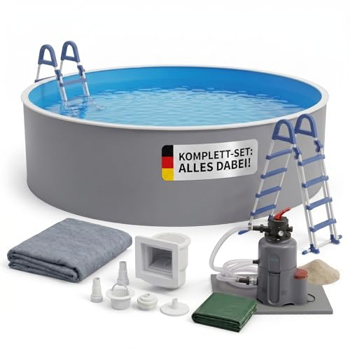 poolomio® Stahlwandpool Rund Ø 360 x 120 cm Graphit/Weiß Komplettset | Aufstellpool & Einbaupool mit Sandfilteranlage, Leiter, Skimmer, Poolabdeckung & 0,5 mm Innenfolie