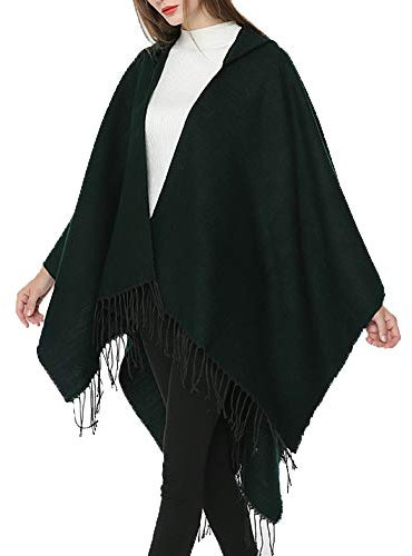 AnyuA Poncho Cape Mantel mit Kapuze für Damen Strickschal Umhängetuch Stola Dunkelgrün