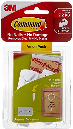 Command Wire Back Picture Hanging Hooks Value Pk with Water Resist Strips Large 3HK+6S