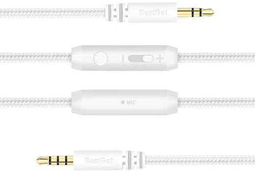 BESTGOT Audio Cable with Microphone Volume Control Aux Cord 3.5mm (4.3ft / 1.3m) for PS4 Controller, Headphones, Tablet PC, Computer, Laptop,Car,Mobile Phone and More (1 Pack White)