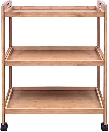 Hygrad Bamboo 3 Tier Kitchen Storage Rack Serving Trolley Island Cart With Wheels, Drinks, Bar Cart, Serving Kitchen Cart, Storage Shelf with Lockable Castors, 60.5 x 33 x 73 cm, for Lounge, Party,