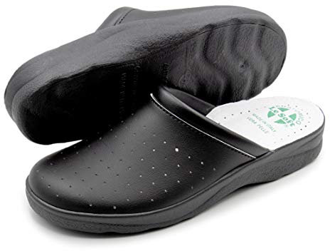 Ciabatte Sanitarie Anatomiche Uomo e Donna, Scarpe Pantofole Ortopediche Confortevoli con Tomaia in Vera Pelle Traforata, MADE IN ITALY, Nero (Uomo) 46