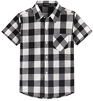 Spring&Gege Chemises à carreaux à manches courtes pour garçon, noir/blanc, 9-10 ans