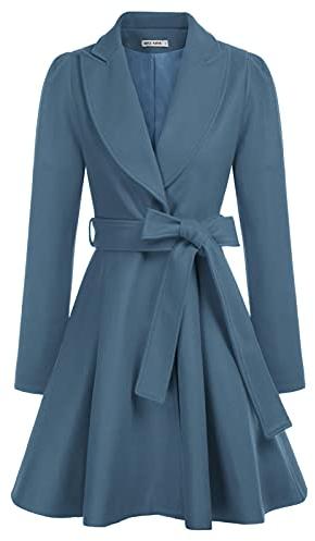 GRACE KARIN Damen Wintercoat mit Gürtel Stahlblau Langarm Mantel Revers Wintermantel Warm Jacke einfarbig Mantel casual style Outwear 2XL