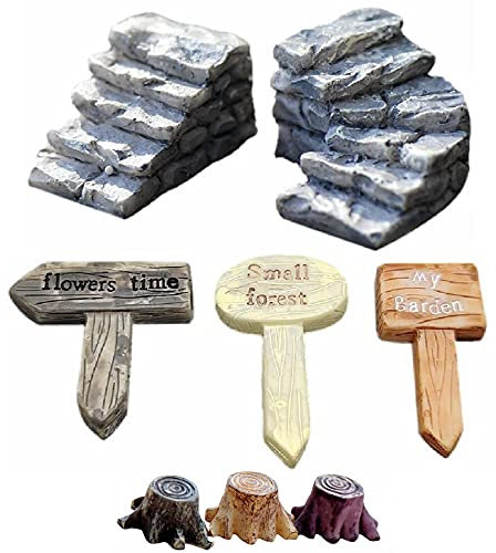 8pcs Miniature Dollhouse Fairy Garden Ornaments Statues Post Sign Step Stump Set Figurines For DIY Landscape,Garden,Bonsai,Terrarium,Dollhouse,Home Garden Decoration Accessories Supplies