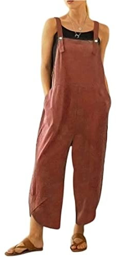 Brong Tuta da donna, salopette casual allentata, morbida tuta da donna in cotone e lino, tuta larga con spalline regolabili e tasche, Rosso, L