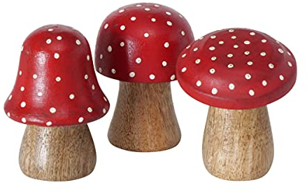 RiloStore 3 setas de madera roja, blanco y marrón, amuleto de la suerte, 7 cm, decoración de otoño, decoración navideña, setas rojas y blancas, setas de la suerte, setas de madera