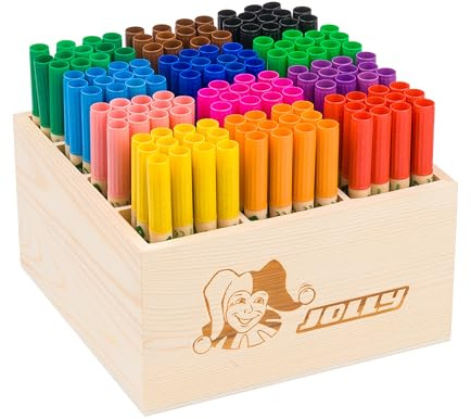 JOLLY Classpack - Wood, Booster XL Nature, Basic colours, Holzbox mit 144 Fasermalern, 12 Grundfarben, Auswaschbar und Ungiftig, extra-dicke Spitze, Ideal für Schule und Kindergarten