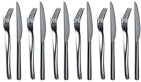 Negro Juego de Cuchillos Para Carne 12 Piezas, Acero Inoxidable Premium 6 Tenedores Para Cena Y 6 Cuchillos Para Cena, Cuchillo Para Bistec Tenedor Para Bistec 6 Personas (Brillante Negro)