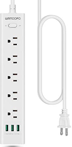 WANDOFO 2 Prong Power Strip, 5 FT Extension Cord Surge Protector, 5 Outlets and 3 USB, 13A/1625W, Polarized Two Prong to Three Prong Outlet Adapter Converter, Wall Mount, White