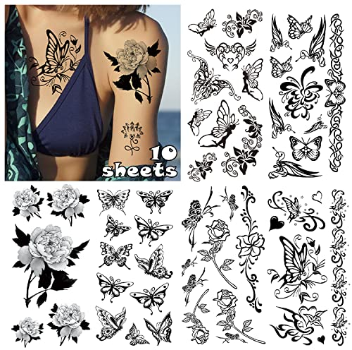 LEADTEAM Fake Tattoos Frauen, 10 Blätter Temporäre Tattoos 3D Schmetterling Tattoo Arm Tattoo Klebe Tattoo, Tattoo Aufkleber Klebetattoos Erwachsene Tatoos Aufkleben Damen Tattoo Festival