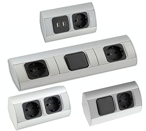 Möbel-Steckdose mit Schalter und Leuchte für Küche und Büro - hochwertige Ecksteckdose aus Aluminium ideal für Arbeitsplatte, Tischsteckdose Unterbausteckdose | 1x Schuko, 1x Schalter, 1x Leuchte