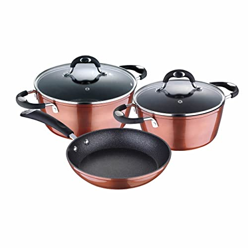 bmf-versand® Kochtopf Set Induktion mit Pfanne 3 teilig - Topf Set mit Bratpfanne 2 Töpfe - Topfset Induktionsgeeignet - Kochtopfset mit Deckel - Kochtöpfe mit Glasdeckel - Alu Kupfer farben