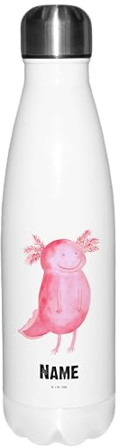Mr. & Mrs. Panda Personalisierte Thermosflasche Axolotl Glücklich - Geschenke, 1 Liter Personalisiert, Motivationsspruch, Motivation, Doppelwandige Trinkflasche Mit Gravur, gut Gelaunt, Lurche, Lurch