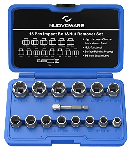 Nuovoware Screws & Bolts Extractor Set Drill Bit with Hex Adapter, Easy Out Broken Lug Nut Extractor Stripped Screw Remover Set for Damaged, Rounded-Off, Studs, Rusted Bolts, 15 Pieces