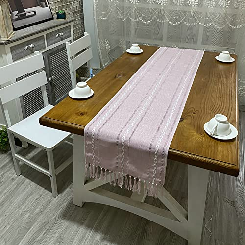 Cozomiz Leinen Tischläufer mit Quaste Esstisch Flaggen Restaurant Stickerei Tischläufer Dekoriert Hochzeit Tischband Tischdekoration 38x183cm Rosa