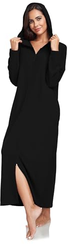 COLORFULLEAF Damen Reißverschluss Bademantel Langarm Kapuze Fleece Bademantel Weich Warm Hausmantel Loungewear mit Taschen(Schwarz,M)