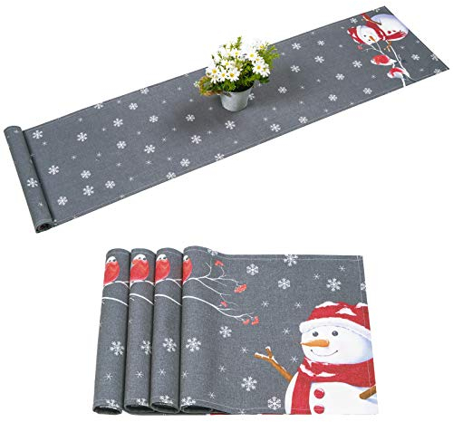 Yugarlibi Weihnachten Grau Tischläufer und Tischsets 5er Set, Schneemann Winter Abwaschbar Tischläufer 35x180cm, Schneeflocke wasserdichte Tischsets 45x30cm für Esstisch Winter Home Party