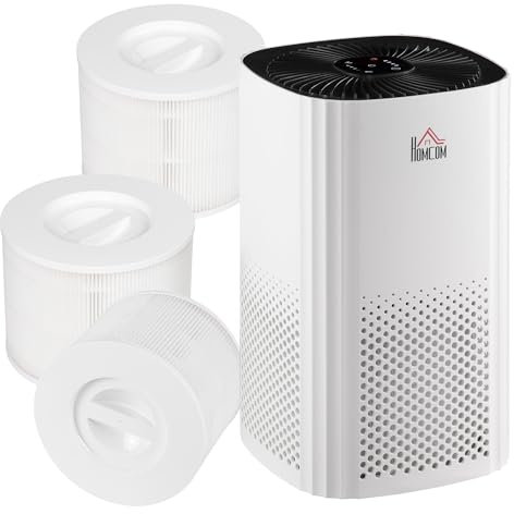 HOMCOM Purificateur d'air + 2 Filtres pour purificateur d'air - Ioniseur, CADR 225m³/h mode veille silencieux, minuterie, 4 vitesses - filtration en 3 étapes avec pré-filtre, filtre à charbon actif