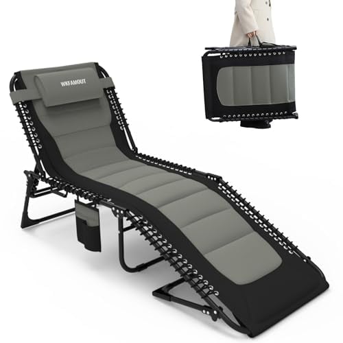 WKFAMOUT Übergroß Sonnenliege Klappbar Gartenliege 5 Verstellbarer Rückenlehne Outdoor Faltbar XXL Dreibeinliege Strandliege Campingbett bis 150KG mit Kissen Seitentasche 200x68CM Grau