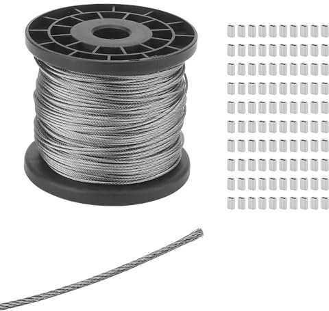 SOUJAP 1.5mm x 100m Wire Rope, 1/16 Inch 304 Stainless Steel Wire Cable with 100 Pcs Aluminum Crimping Sleeve,167Kg/368lbs Breaking Strength, 328Ft 7 x 7 Strand Core Aircraft Cable for Garden