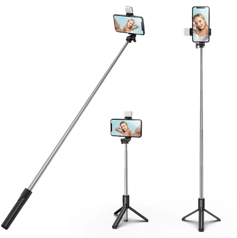 H.May Perche Selfie Trepied avec Lumière, Selfie Stick Trépied pour Téléphone avec Télécommande Détachable pour Voyages, Vlogs et Photos Compatible avec iPhone, Samsung, Huawei, Noir