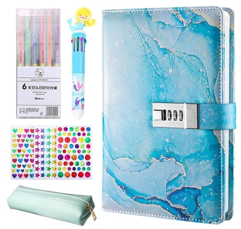 Brinny Tagebuch mit Schloss für Mädchen, Notizbuch passwortgeschützte Journale, liniertes Privates Tagebucher hardcover A5 mit 3er Aufklebern & 6er Textmarker & 10-in-1 Kugelschreiber & Federmäppchen