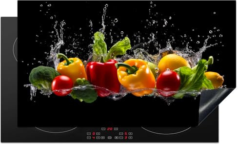 KitchenYeah© Protege Couvre Plaque De Cuisson Deco Cuisine Tapis Protection | 90x52 cm - Protecteur Induction Poivron - Eau - Légume - Noir
