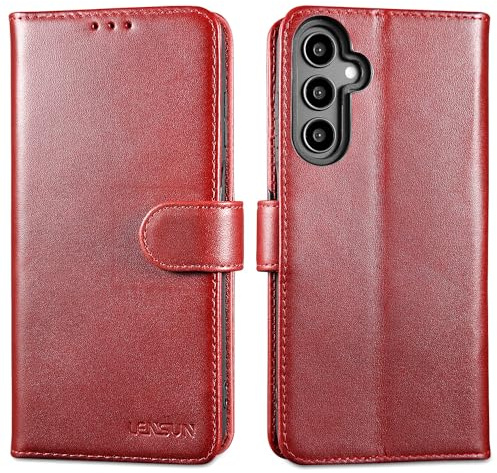 LENSUN Lederhülle für Samsung Galaxy A15, Echtleder Hülle [Kartenfach][RFID Schutz][Echtes Leder] Handyhülle Klapptasche Handytasche für Samsung Galaxy A15 4G/5G - Weinrot