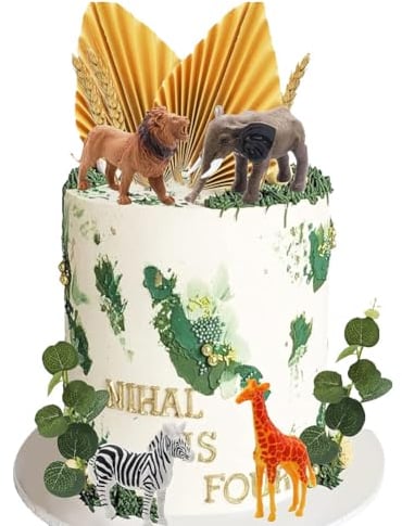 20pcs Jungle Animal Cake Toppers,Saf-ari-Cake Decorations,Animal Cake Toppers,Lion Giraffe Cake Topper,Jungle Theme Cake Toppers with Plam Eucalyptus Leaves Giraffe Zebra Lion Elephant