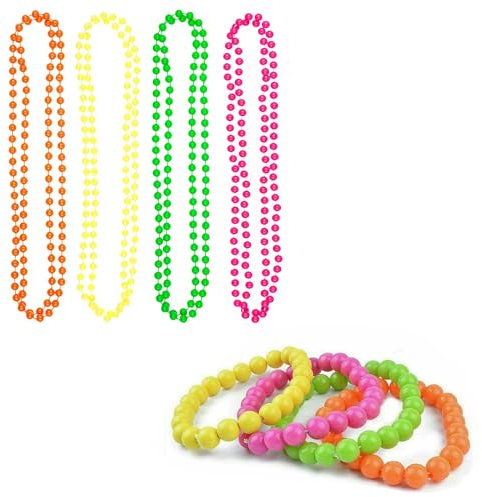 BOBOZHONG Neon-Perlenketten,8 Stück Neon Perlen Halskette Armbänder 80Er Jahre Kostüm Zubehör Jahre Vintage Halskette, Partykette, Mode-Accessoires