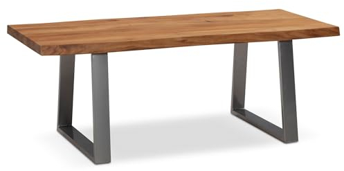 Wohnling Couchtisch 120x60x46 cm Akazie Massivholz/Metall Baumkante, Design Wohnzimmertisch Rechteckig, Sofatisch Stubentisch Braun, Kaffeetisch mit Trapezbeinen in Chrom