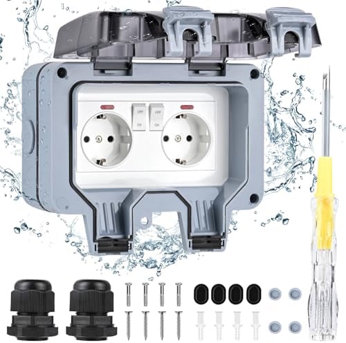 Euakee Presa Elettrica Esterno, IP66 Presa Stagna da Esterno con Coperchio Prevenire la Polvere, 2 Prese Elettriche Esterno per Cucina, Bagno, Garage, Piscina e Giardino