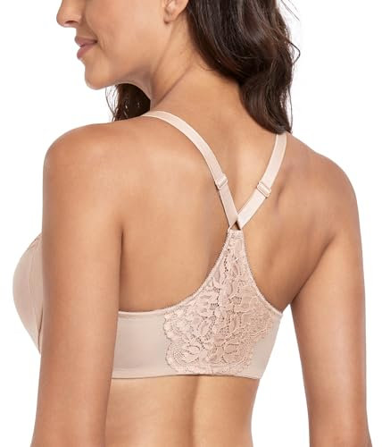 Lemorosy Women's Front Closure Bra Plus Size Racerback Unpadded Underwire with Flower Lace(Beige,38D)