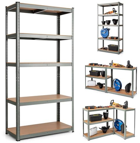 HOMASIS Schwerlastregal Lagerregal mit 5 Ebenen, DIY 3 in 1 Steckregal Metallregal Kellerregal Werkstattregal belastbar 175kg pro Regal, Garage Regal 90 x 45 x 185,5 cm (Grau)